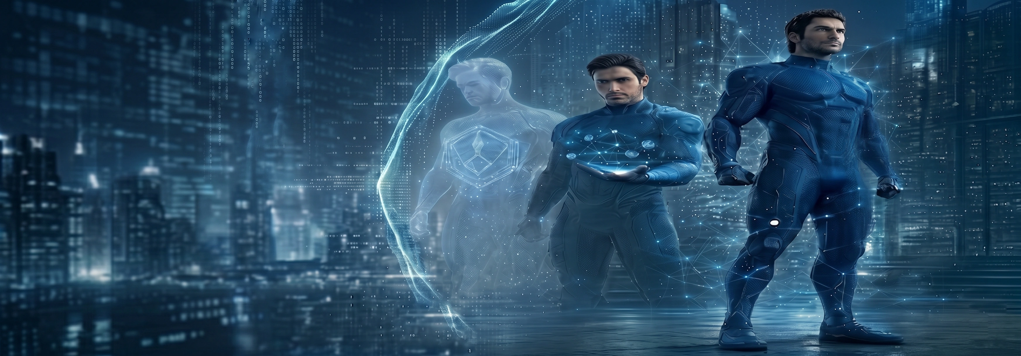 CryptonHero AI vision showing digital hero figures in a futuristic city